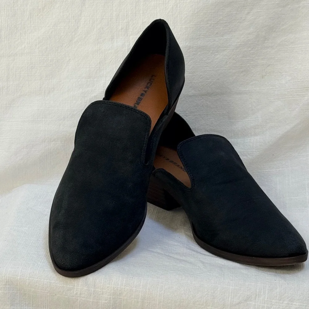 Lucky Brand Mizina Booties 7M Black d'Orsay Pointed Toe Block Heel Loafers